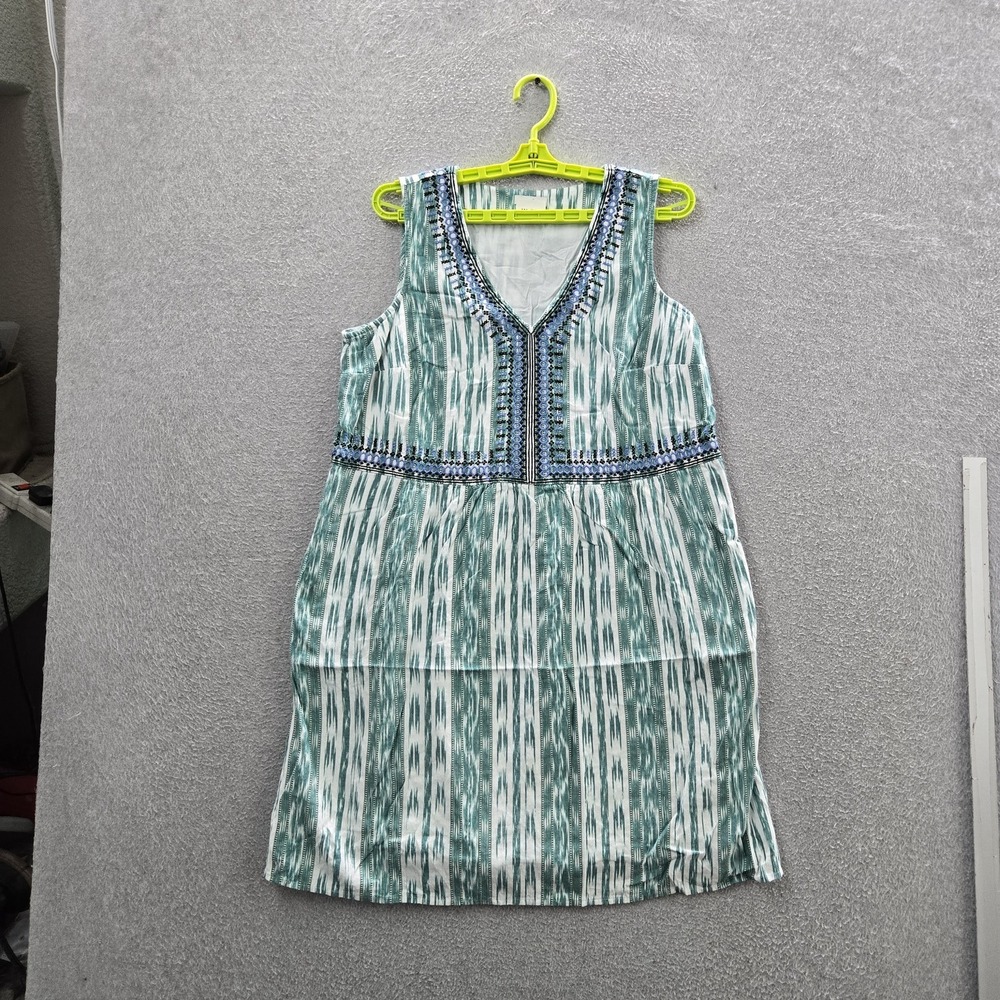 J. Jill Women Dress PETITE M Green Embroidered Geometric Shift Sleeveless Aztec